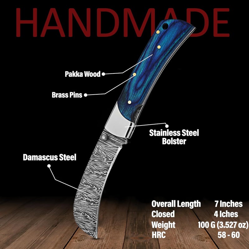 BE BREAK EDGE Hawkbill Knife,Folding Pocket Knife with Curved Blade, Lineman Tools,Blue pakkawood Handle Pattern,Damascus Steel Construction - Image 2